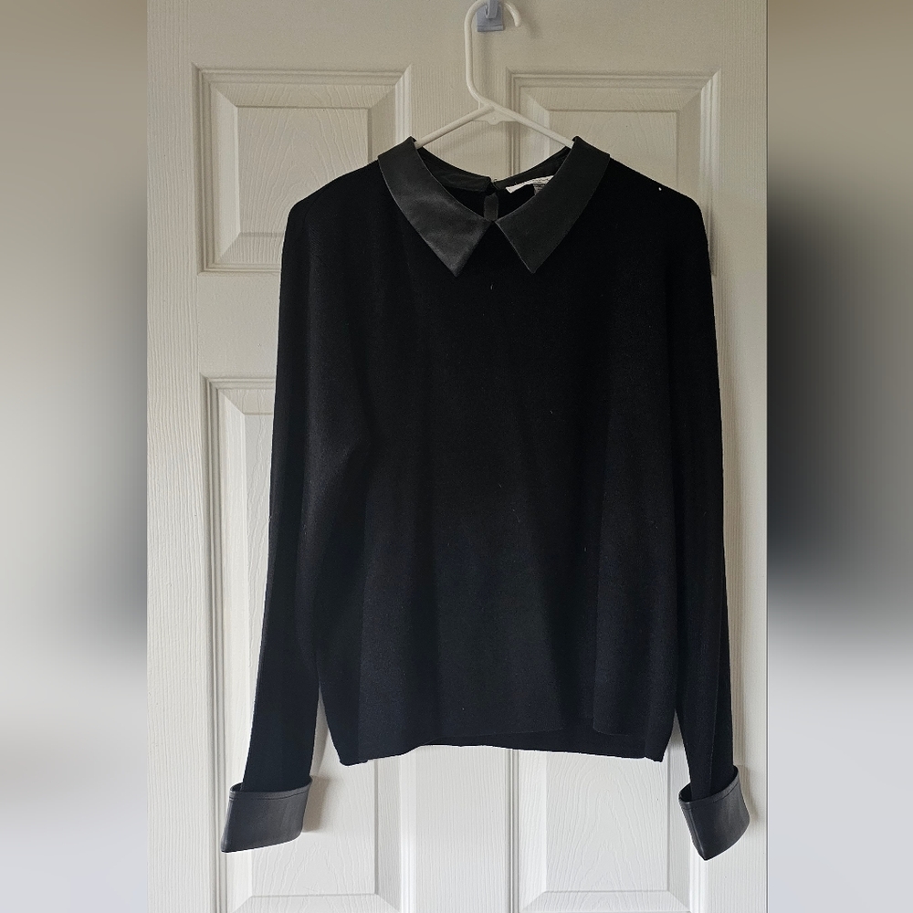 Beautiful Black Sweater with a Leather Collar and Leather Cuffs. Size XL